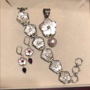 925 Silver MOP Garnet Earrings Bracelet Pendant